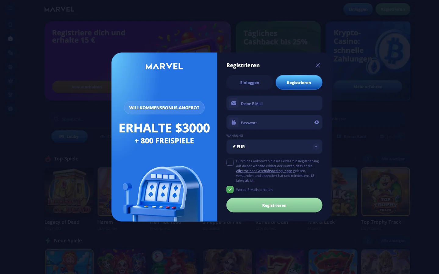 Das Registrierungsformular von Marvel Casino mit E-Mail-Feld, Passwort, Währungs- und Länderauswahl