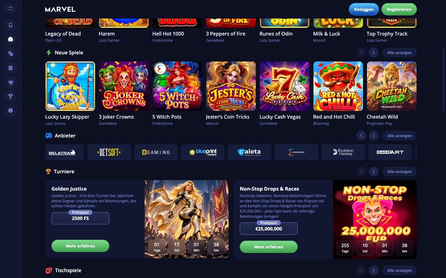 Spielelobby von Marvel Casino mit der Kategorie-Leiste über dem Raster der Slots